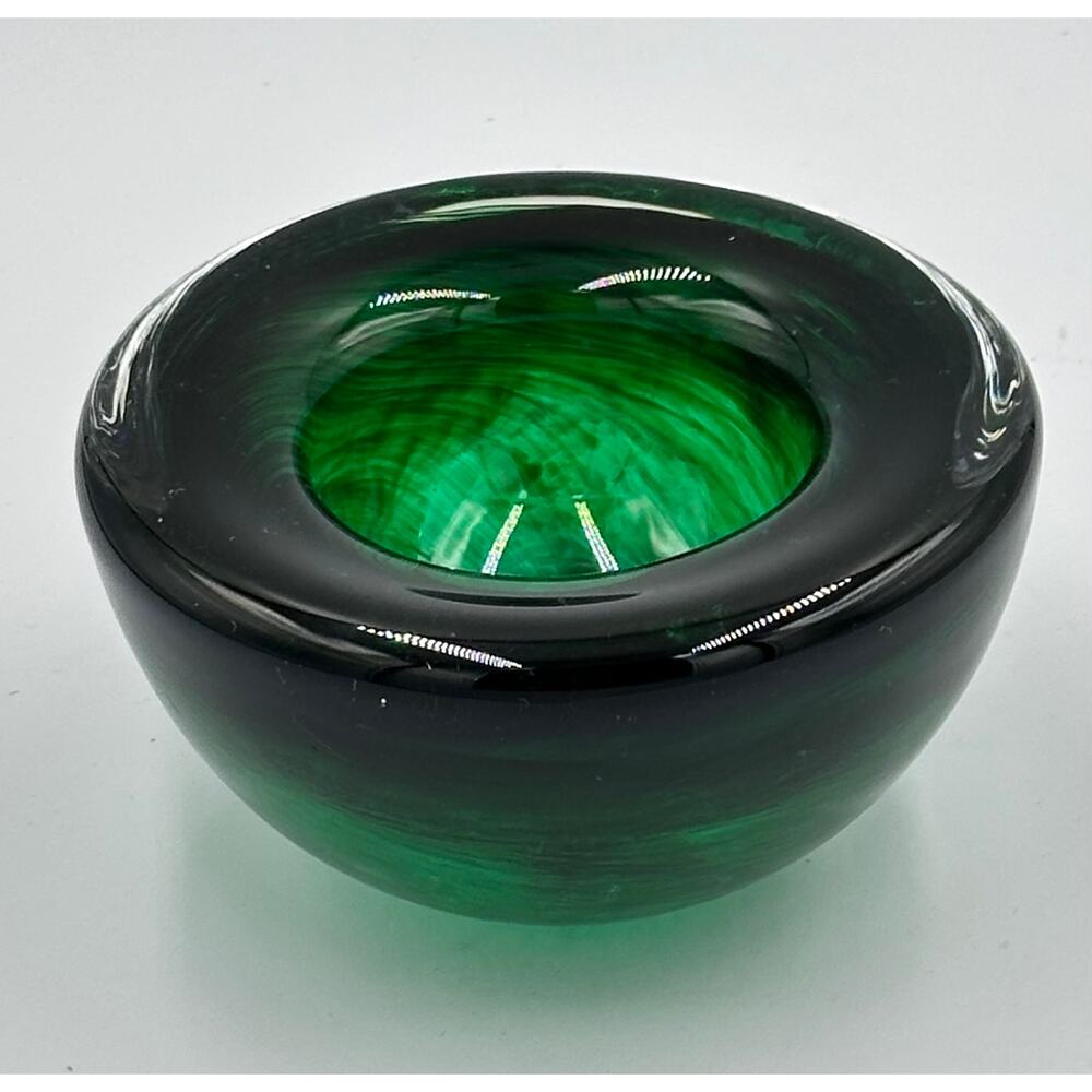 Kosta Boda Atoll Glass Bowl 4.25” Green Swirl Tealight Candle Holder Paperweight